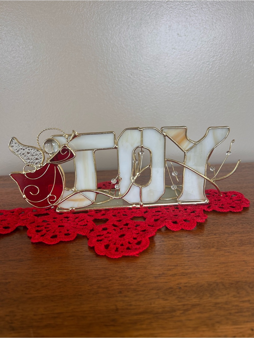 Stained Glass Tea Lamp Holder with JOY and a Red Angel w/ Trumpet Bead Accent